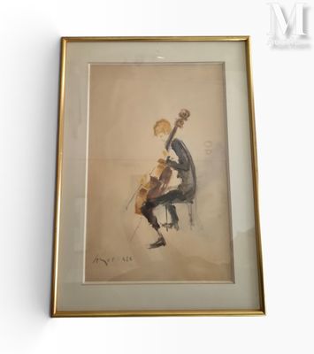 un tableau représentant un homme assis sur une chaise, tenant une guitare