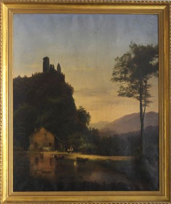 an image of a painting of a castle on a hill by a river