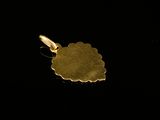a close up of a gold pendant on a black background