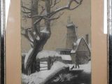 painting of a man walking in the snow in front of a church