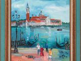 an oil painting of people walking on a beach next to a body of water with a church in the background