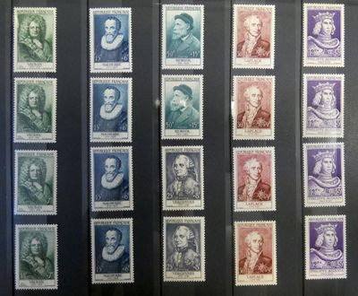several different stamps of different sizes and colors are on display