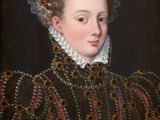 portrait of a woman in a black dress with a white lace and a red ribbon