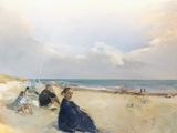 un tableau représentant une femme assise sur la plage