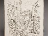 an old book with a drawing of a street scene on it