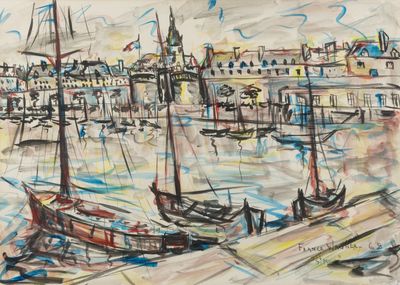 painting of boats docked in a harbor with buildings in the background