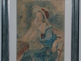 tableau représentant une femme en robe bleue et chapeau, assise sur une chaise
