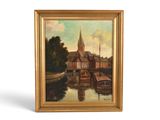 une image représentant un tableau où l'on voit une église et des bateaux sur une rivière