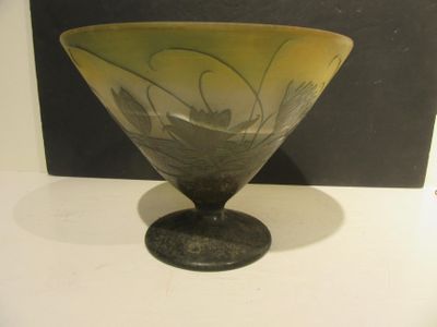 a glass bowl sitting on a table next to a black box