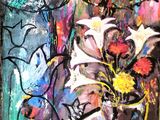 a painting of flowers in a vase on a table