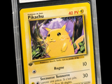 the pokemon card is in a clear plastic holder on a black background