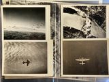 several black and white photos of airplanes flying over a body of water