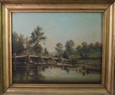 une image d'une peinture représentant un pont sur une rivière
