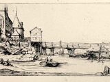 drawing of a river scene with a bridge and boats in the water