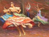 oil painting of a couple of women dancing in a dance studio