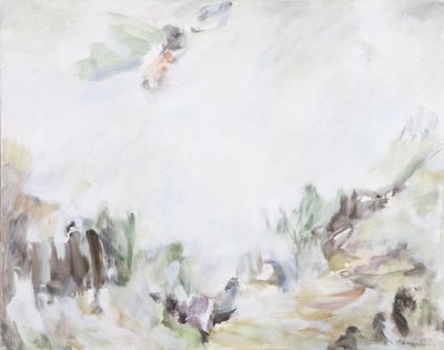 tableau représentant un groupe d'oiseaux volant dans le ciel au-dessus d'un champ