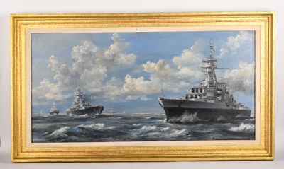 tableau représentant deux bateaux sur un plan d'eau, avec des nuages en arrière-plan