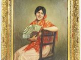 un tableau représentant une femme assise sur une chaise, tenant un éventail