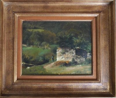 une image d'une peinture représentant une maison dans un bois
