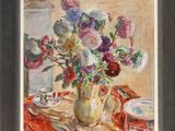 painting of a vase of flowers on a table with a plate of food