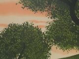 a painting of two trees on a hill with a sunset in the background