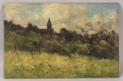 an oil painting of a church on a hill with trees in the foreground