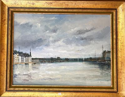 a picture of a painting on a shelf next to a picture of a boat