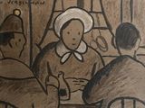 dessin représentant un groupe de personnes assises autour d'une table en train de manger