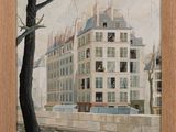 painting of a building in a city with a tree in front of it