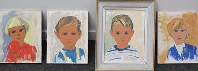 three paintings of children are hanging on a wall in a room