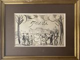 une image représentant un dessin d'un groupe de personnes debout devant un bâtiment