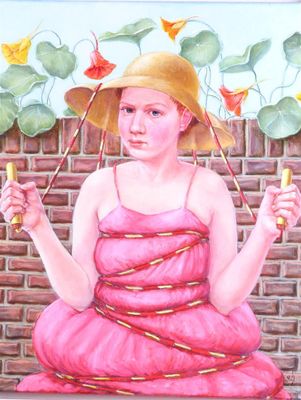 a painting of a woman in a pink dress and a straw hat