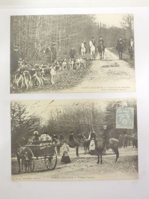 two pictures of people riding horses and a horse drawn carriage