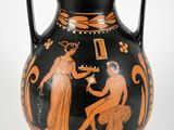 a black and orange vase with a painting on it