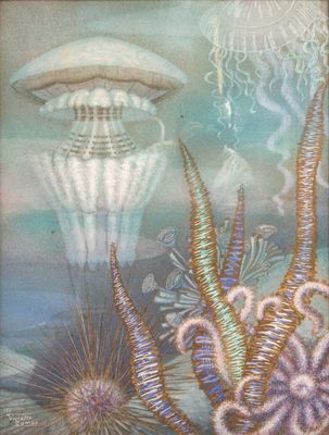 a picture of a painting of a jellyfish and other sea creatures