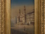 an old picture of a building with a clock tower in the middle of it