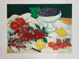 a painting of a bowl of berries and lemons on a table