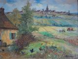 an oil painting of a farm scene with chickens and a house