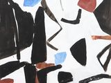an abstract painting of various shapes and colors on a white background