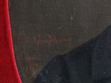 a painting of a man in a black suit and red tie