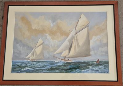 painting of two sailboats in the ocean with clouds in the background
