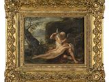 un tableau représentant une femme assise sur un rocher, un oiseau dans la main