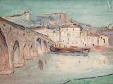 a painting of a boat on the water near a bridge