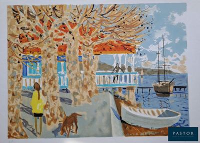 un tableau représentant une femme et un chien au bord de l'eau