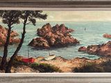 a picture of a painting of a boat on the water