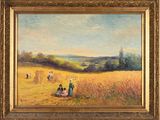 a painting of people in a field with a sky background