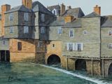 a painting of a building on the side of a river