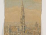 tableau représentant une vue de ville avec le clocher d'une église en arrière-plan