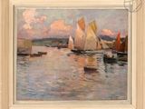 painting of sailboats in a harbor with clouds in the background