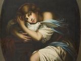 an image of a painting of a woman laying down with her head on a pillow